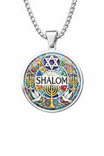My Daily Styles Stainless Steel Star of David Menorah Pendant Necklace – SHALOM Jewish Medallion with Colorful Mosaic Design – 60cm Chain – Judaica Religious Jewelry Gift for Men & Women