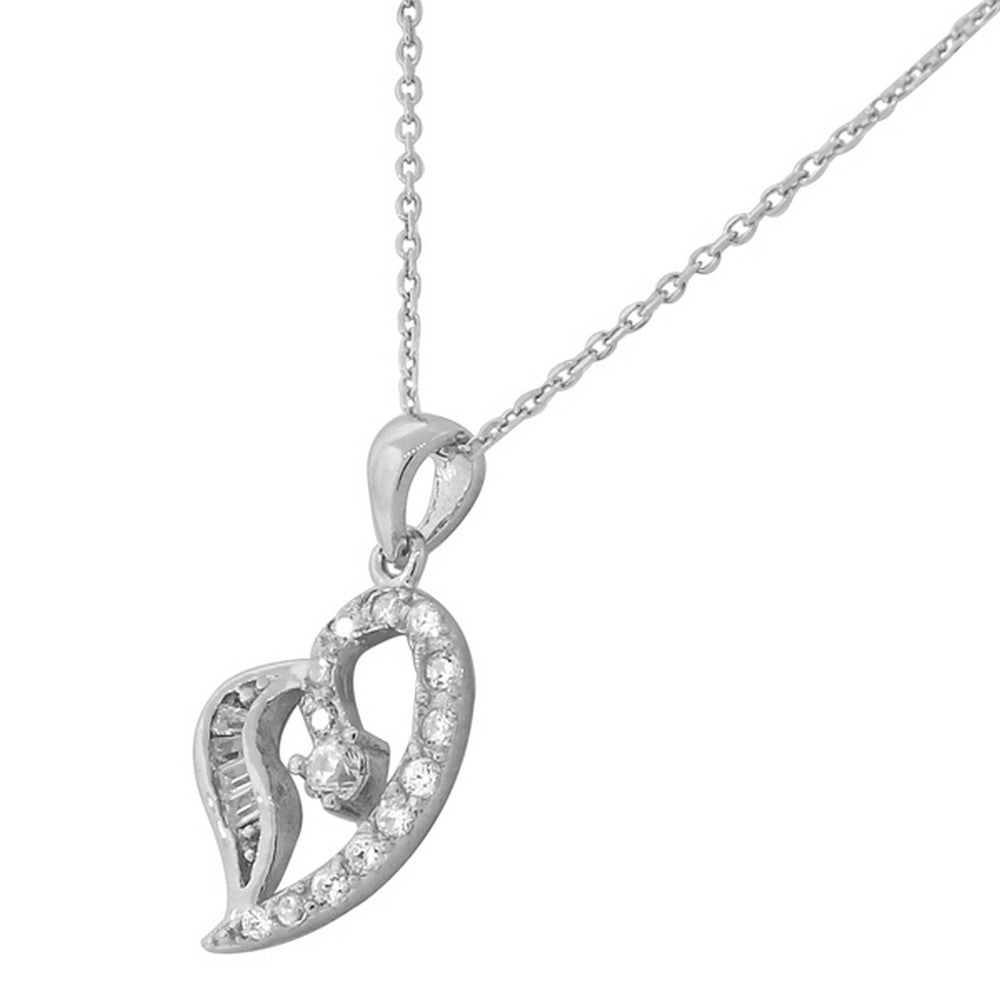 Cubic Zirconia Baguette Heart Pendant Necklace Sterling Silver