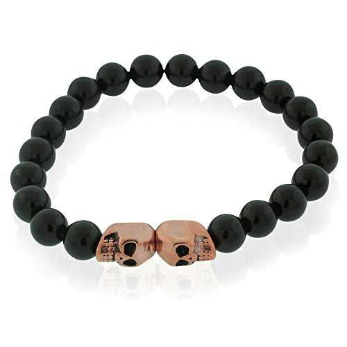 Stainless Steel Black Silver-Tone Double Skull Beaded Stretch Bracelet