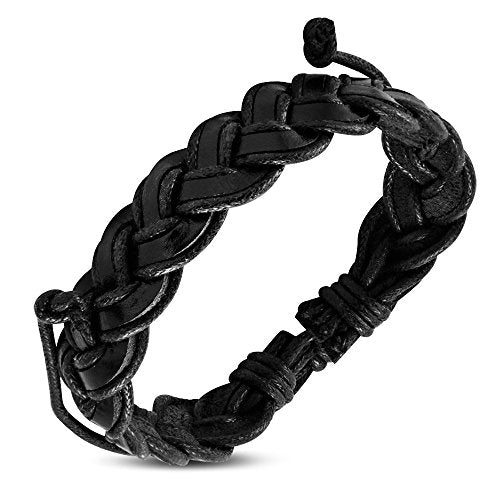 Black White Leather Braided Adjustable Mens Wristband Bracelet