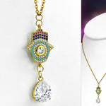 Stainless Steel Multi-Color CZ Womens Hamsa Protection Pendant Necklace