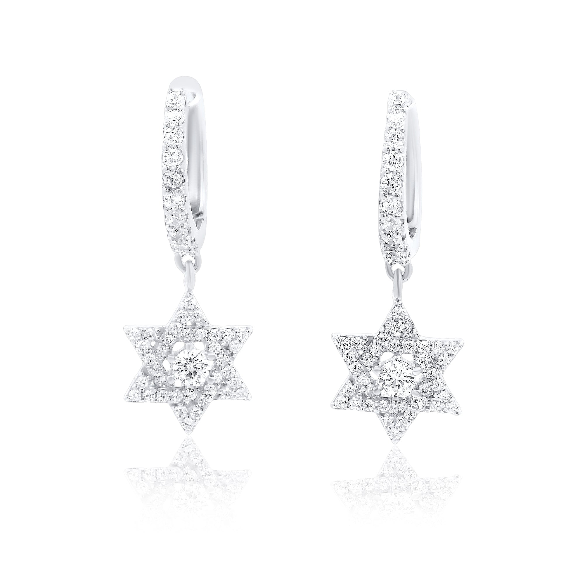 925 Sterling Silver CZ Huggie Dangle Star of David Earrings for Women