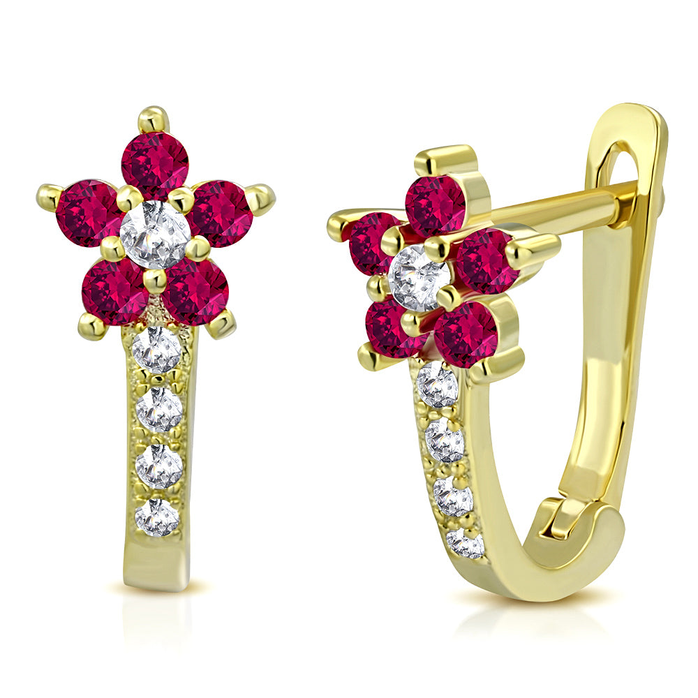 925 Sterling Silver Yellow Gold-Tone White Red CZ Small Girls Hoop Huggie Flower Floral Earrings, 0.5"