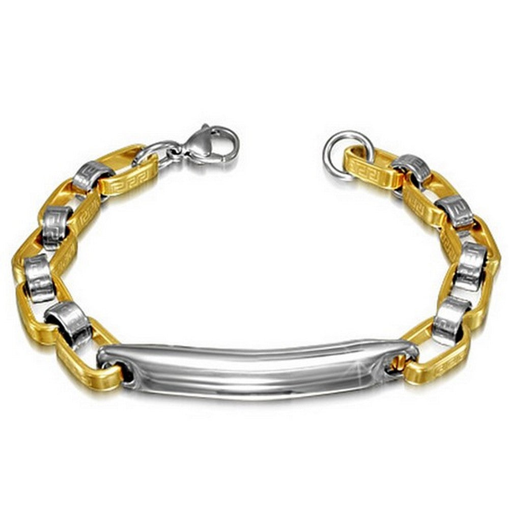 Stainless Steel Silver Yellow Gold-Tone Greek Key Mens Classic Link Bracelet