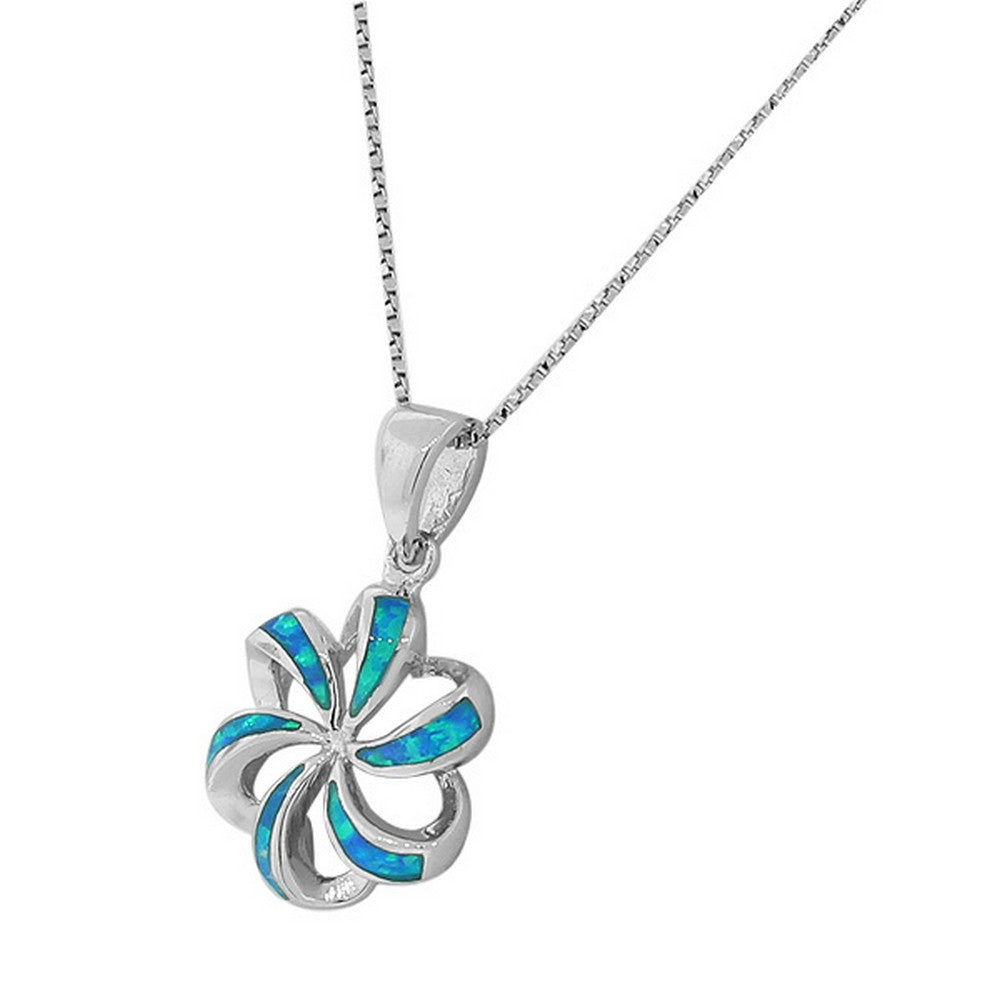 925 Sterling Silver Blue Turquoise-Tone Simulated Opal Flower Pendant Necklace