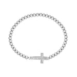 Stainless Steel Beaded Cross Bracelet, CZ Crystal Stretch Bracelet, Religious Jewelry (Yellow Gold-Tone)