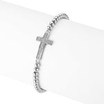 Stainless Steel Beaded Cross Bracelet, CZ Crystal Stretch Bracelet, Religious Jewelry (Yellow Gold-Tone)