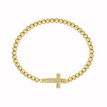 Stainless Steel Beaded Cross Bracelet, CZ Crystal Stretch Bracelet, Religious Jewelry (Yellow Gold-Tone)