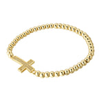 Stainless Steel Beaded Cross Bracelet, CZ Crystal Stretch Bracelet, Religious Jewelry (Yellow Gold-Tone)