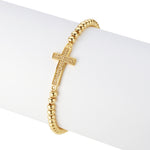 Stainless Steel Beaded Cross Bracelet, CZ Crystal Stretch Bracelet, Religious Jewelry (Yellow Gold-Tone)