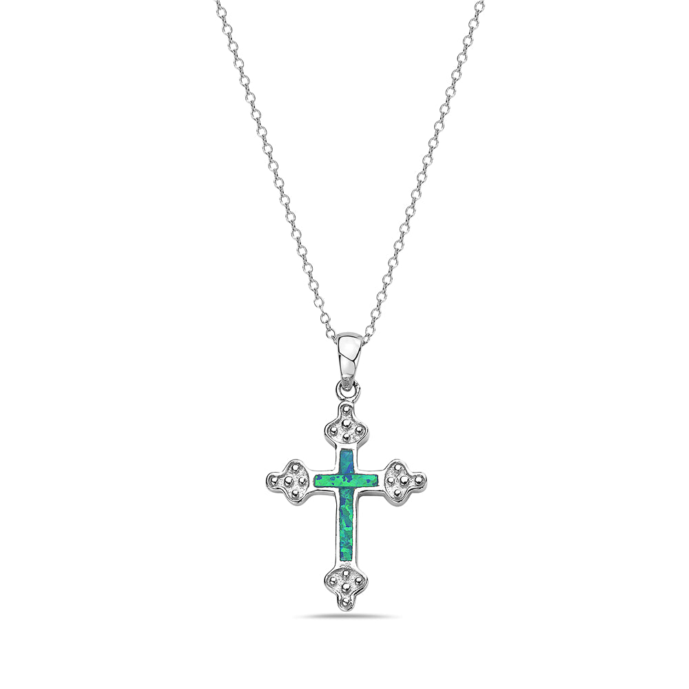 925 Sterling Silver Simulated Opal Religious Cross Pendant Necklace