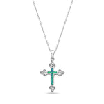 925 Sterling Silver Simulated Opal Religious Cross Pendant Necklace