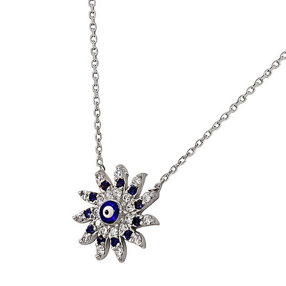 925 Sterling Silver Evil Eye Hamsa Flower Sun White Blue CZ Womens Pendant Necklace
