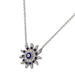925 Sterling Silver Evil Eye Hamsa Flower Sun White Blue CZ Womens Pendant Necklace