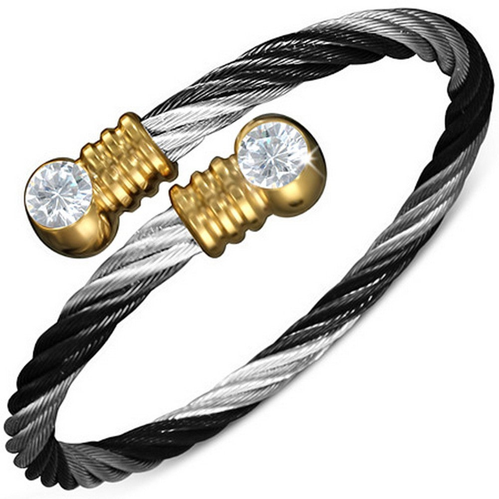 Stainless Steel Black Silver-Tone Twisted Cable CZ Womens Cuff Bangle