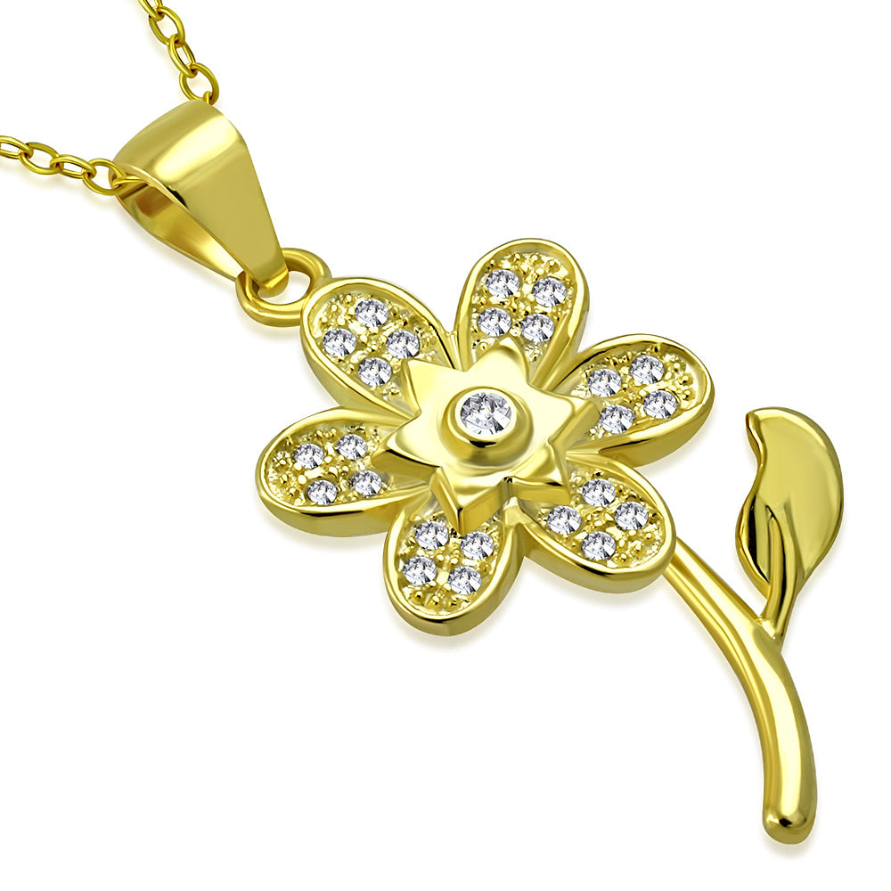 925 Sterling Silver CZ Flower Floral Pendant Necklace, 18"