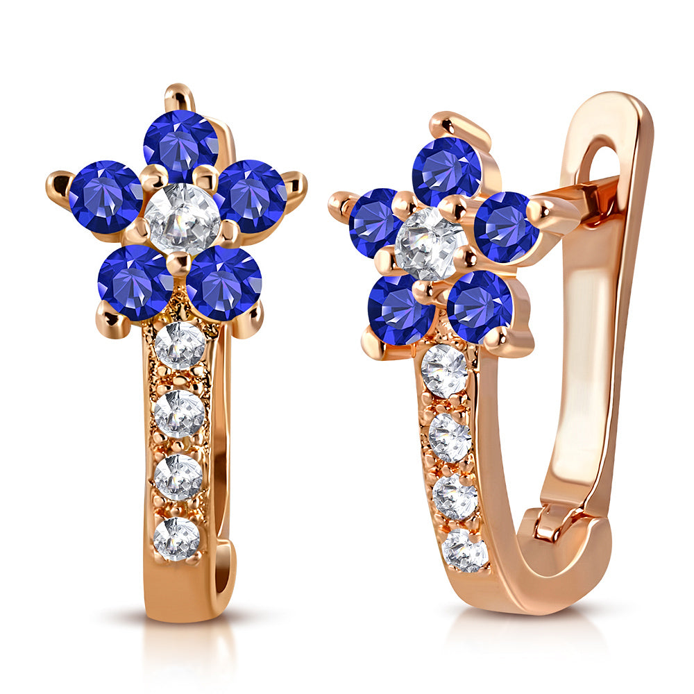 925 Sterling Silver Rose Gold-Tone Blue CZ Small Girls Hoop Huggie Flower Floral Earrings, 0.5"
