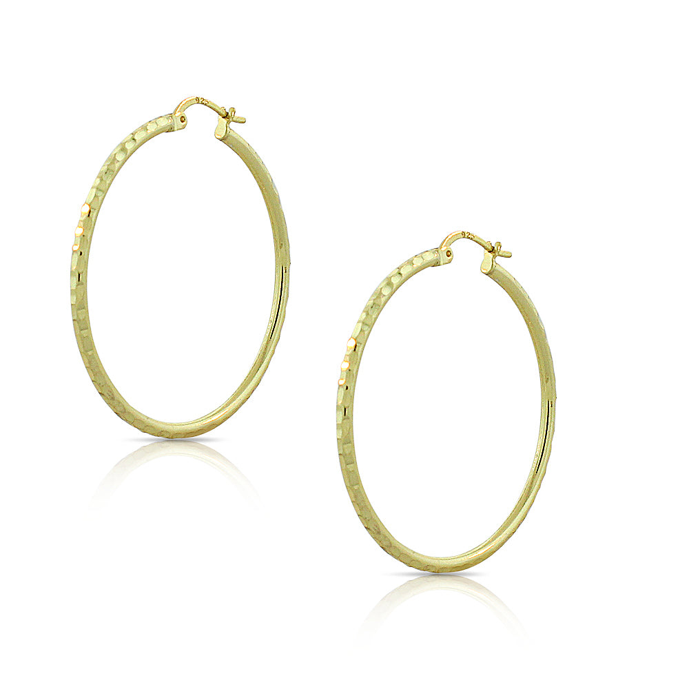 925 Sterling Silver Yellow Gold-Tone Faceted Round Hoop Earrings, 1.40"