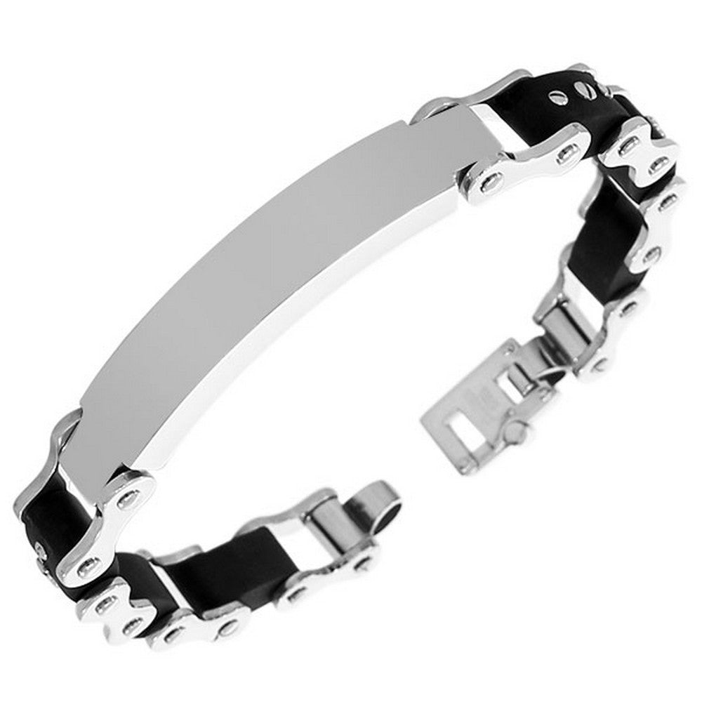 Stainless Steel Black Rubber Silicone Silver-Tone Polished Matte Men's Link Chain Bracelet