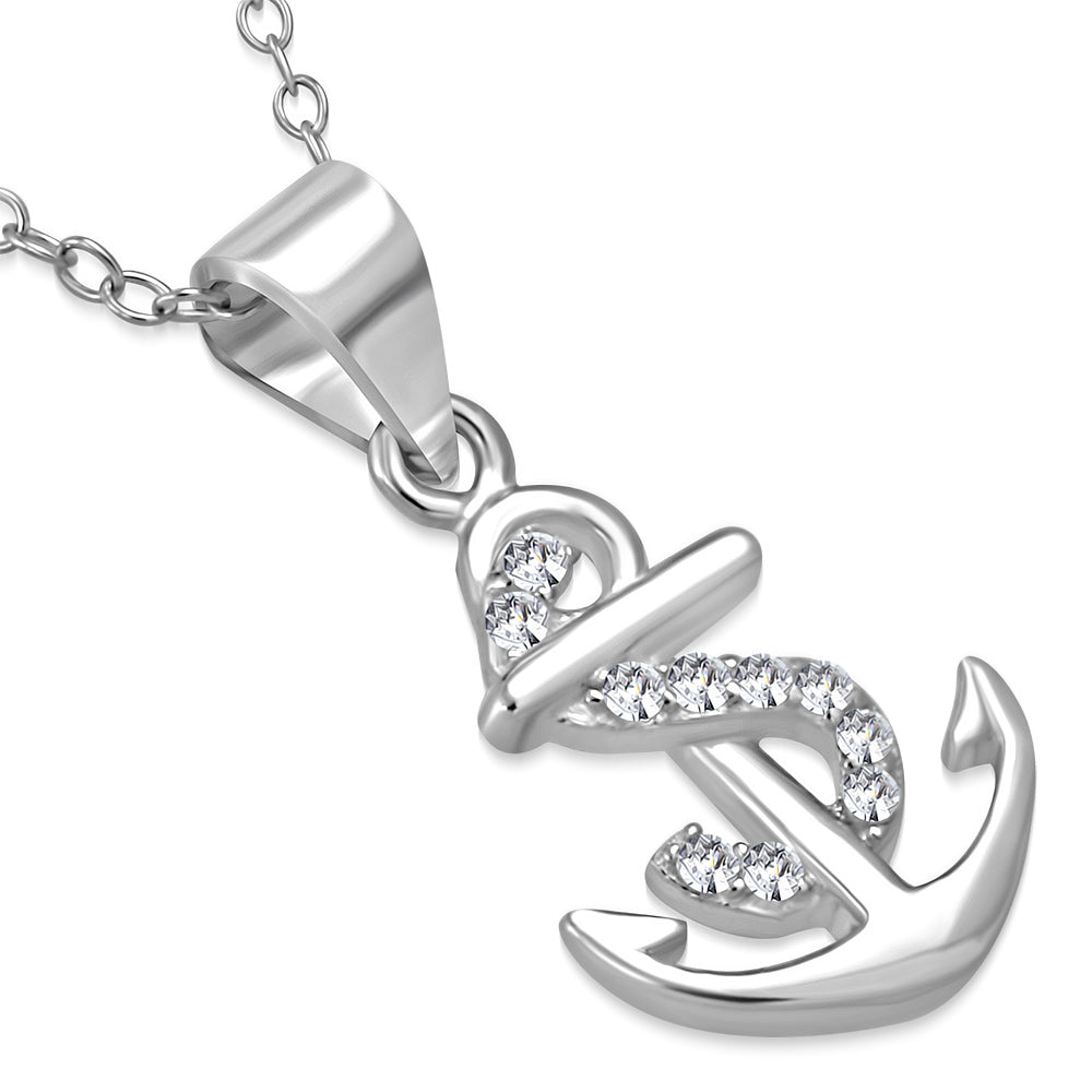 925 Sterling Silver White Clear CZ Anchor Marine Pendant Necklace, 18"