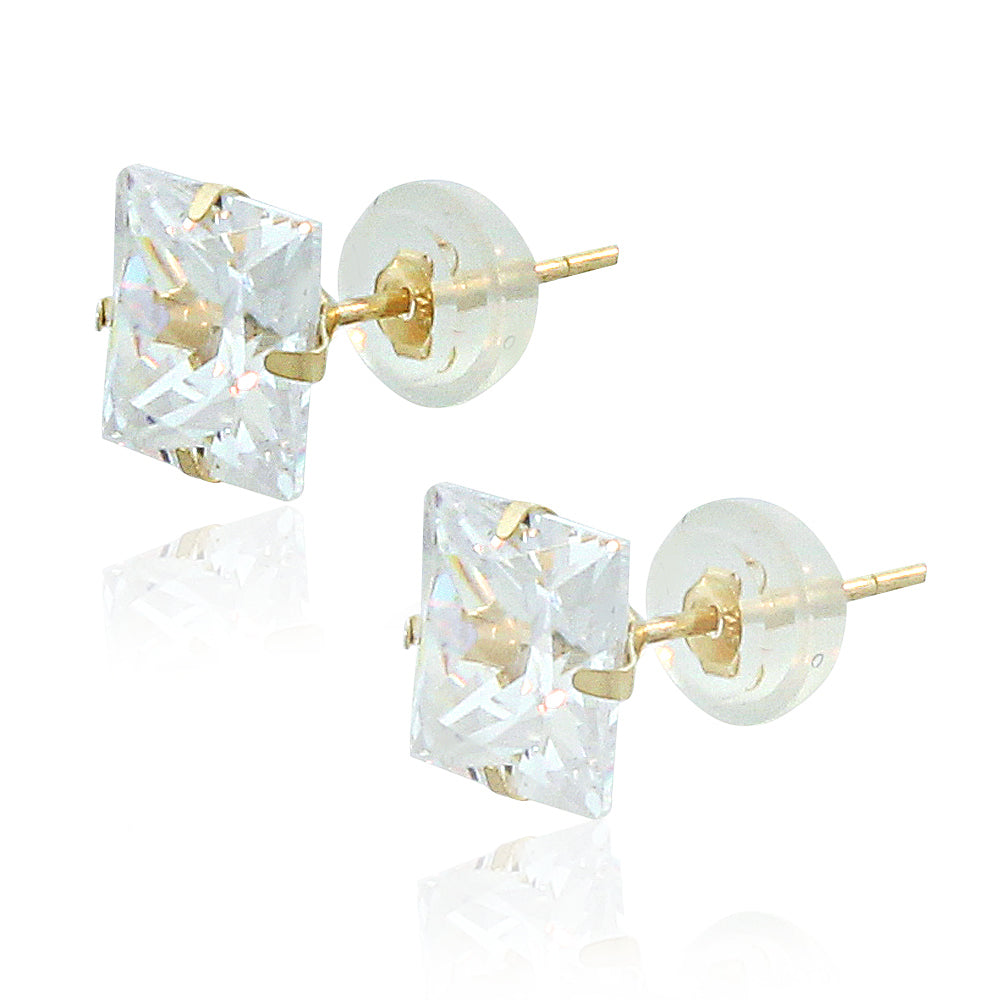 14K Yellow Gold Square Princess White Clear CZ Classic Stud Earrings, 7 mm