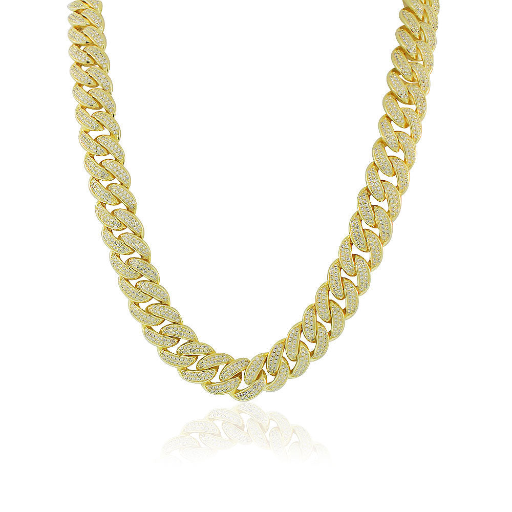 My Daily Styles Men's 925 Sterling Silver Yellow Gold Tone CZ Cuban Link Necklace- 12MM Width, 24"