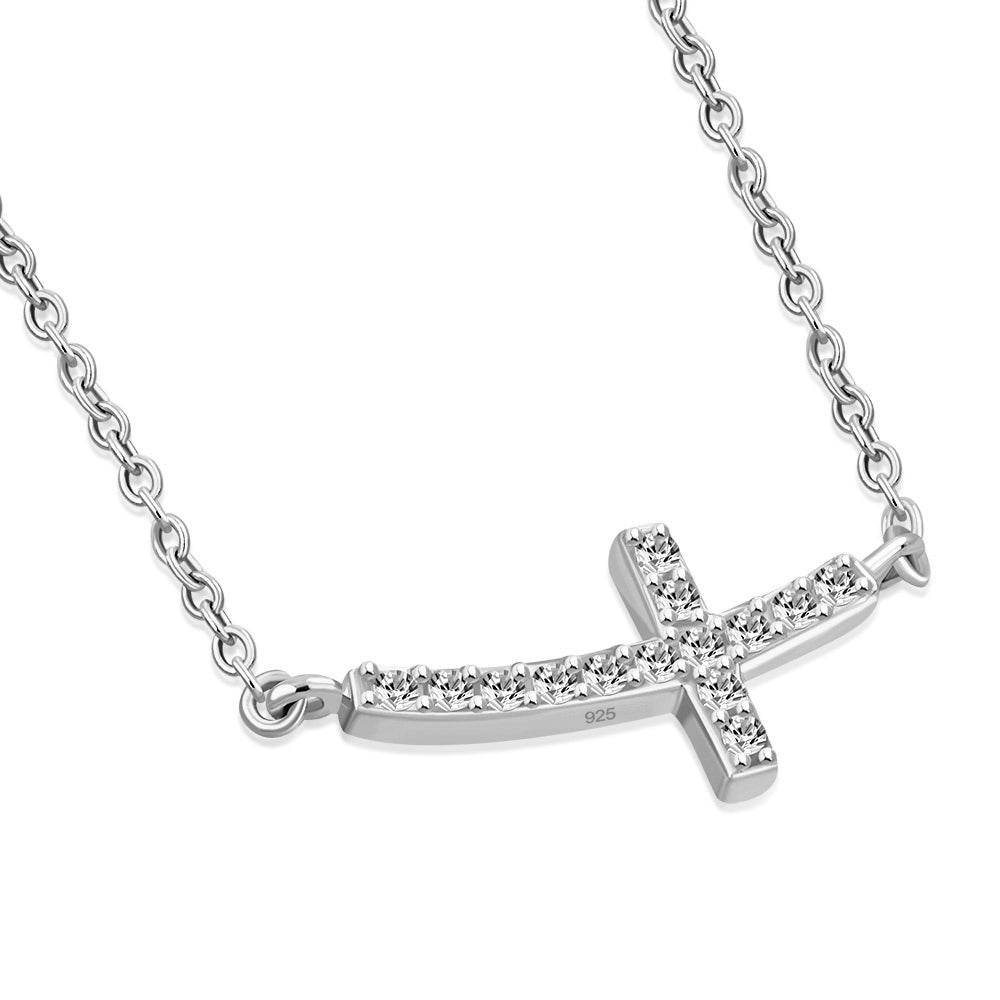 Curved Sideways Cross Necklace Sterling Silver Cubic Zirconia