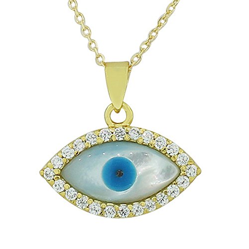Sterling Silver White CZ Simulated Mother-of-Pearl Evil Eye Hamsa Pendant Necklace