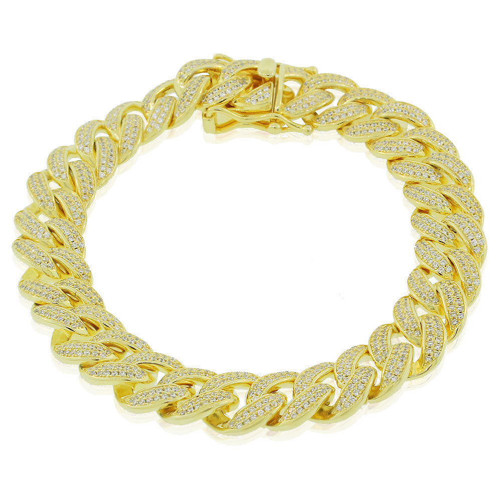 My Daily Styles Men's 925 Sterling Silver Yellow Gold Tone CZ Cuban Link Bracelet - 12MM Width, 8.5"