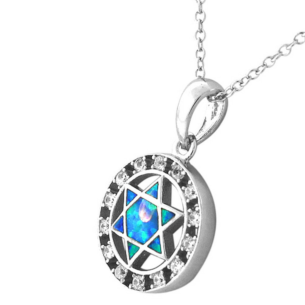 925 Sterling Silver Jewish Star of David Blue Turquoise-Tone Simulated Opal CZ Pendant Necklace
