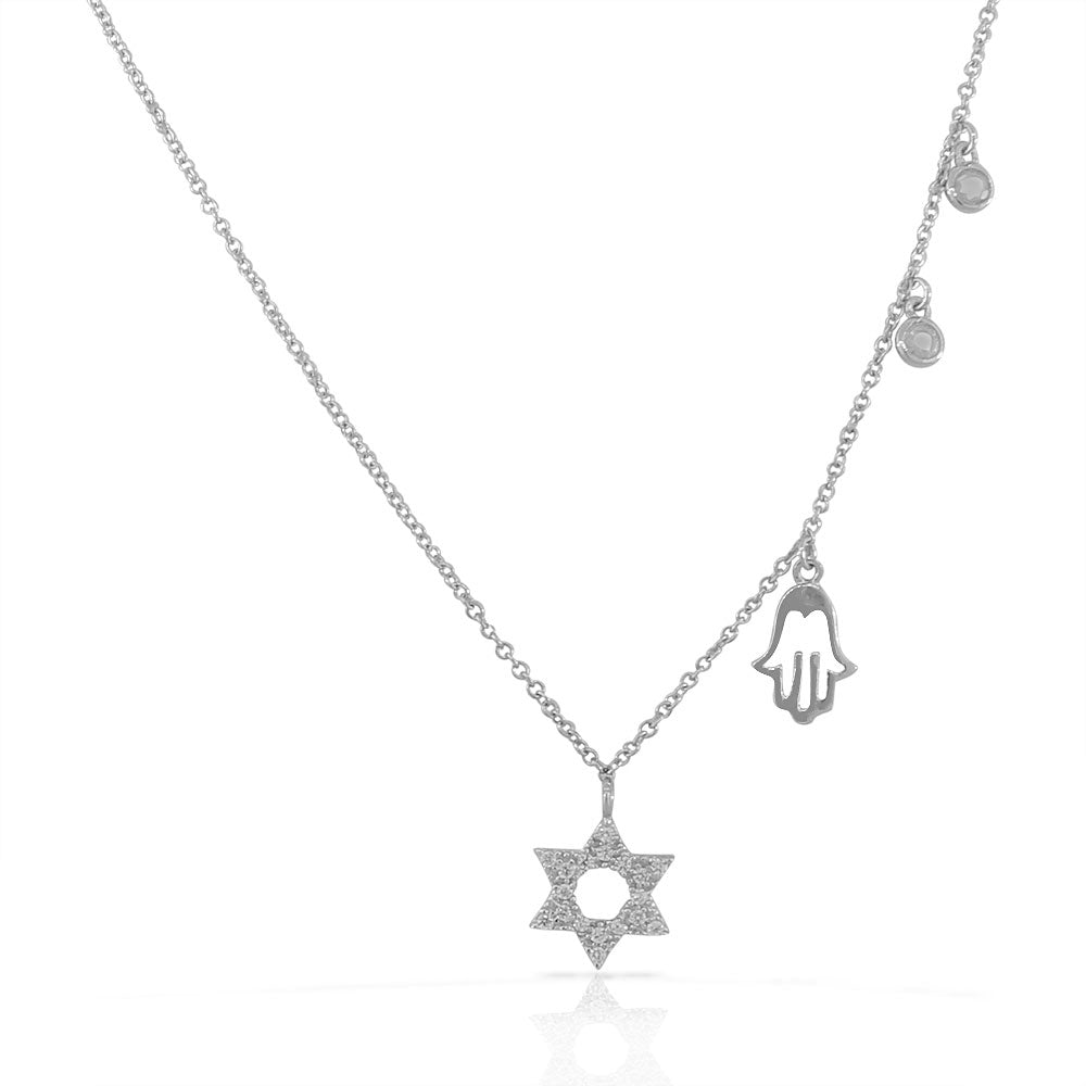 925 Sterling Silver Jewish Star of David Hamsa Bezel-Set White CZ Pendant Necklace