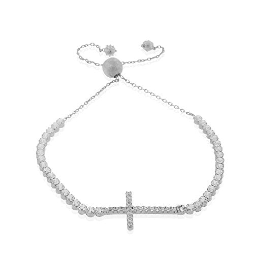 925 Sterling Silver Yellow Gold-Tone White CZ Cross Adjustable Chain Bracelet