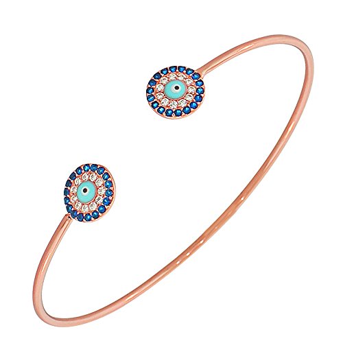 925 Sterling Silver Rose Gold-Tone White Blue CZ Protection Evil Eye Open End Bangle Bracelet