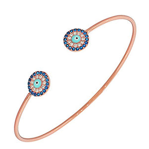 925 Sterling Silver Rose Gold-Tone White Blue CZ Protection Evil Eye Open End Bangle Bracelet
