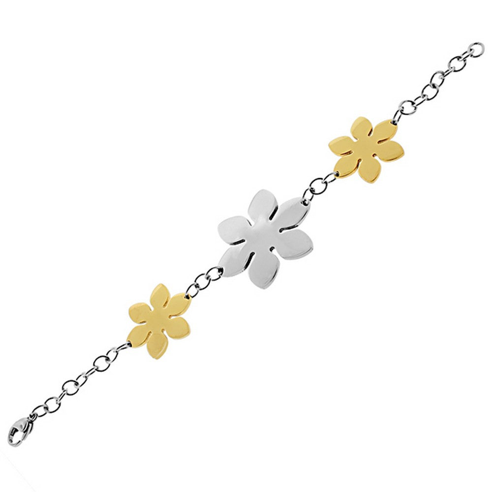 Stainless Steel Two-Tone Links Chain Flowers Floral Bracelet