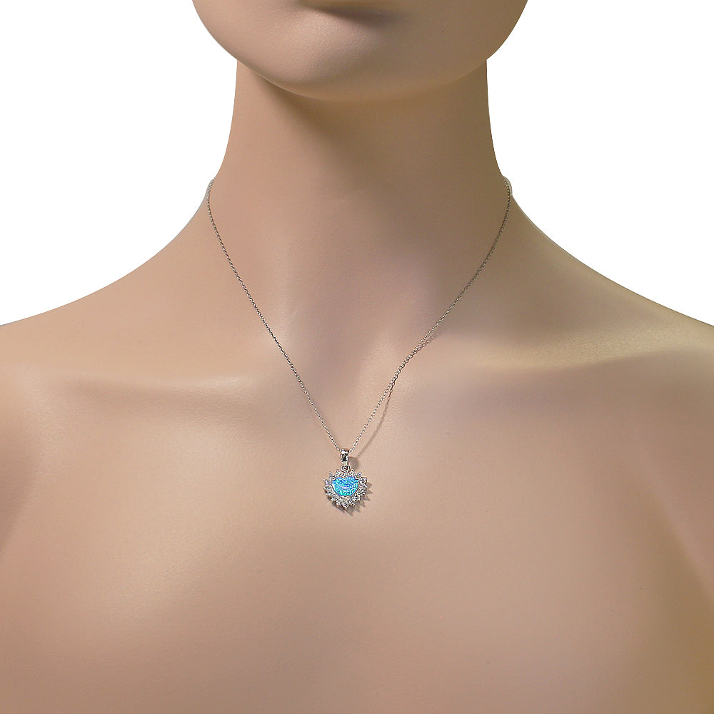 925 Sterling Silver Womens CZ Blue Turquoise-Tone Love Heart Simulated Opal Pendant Necklace