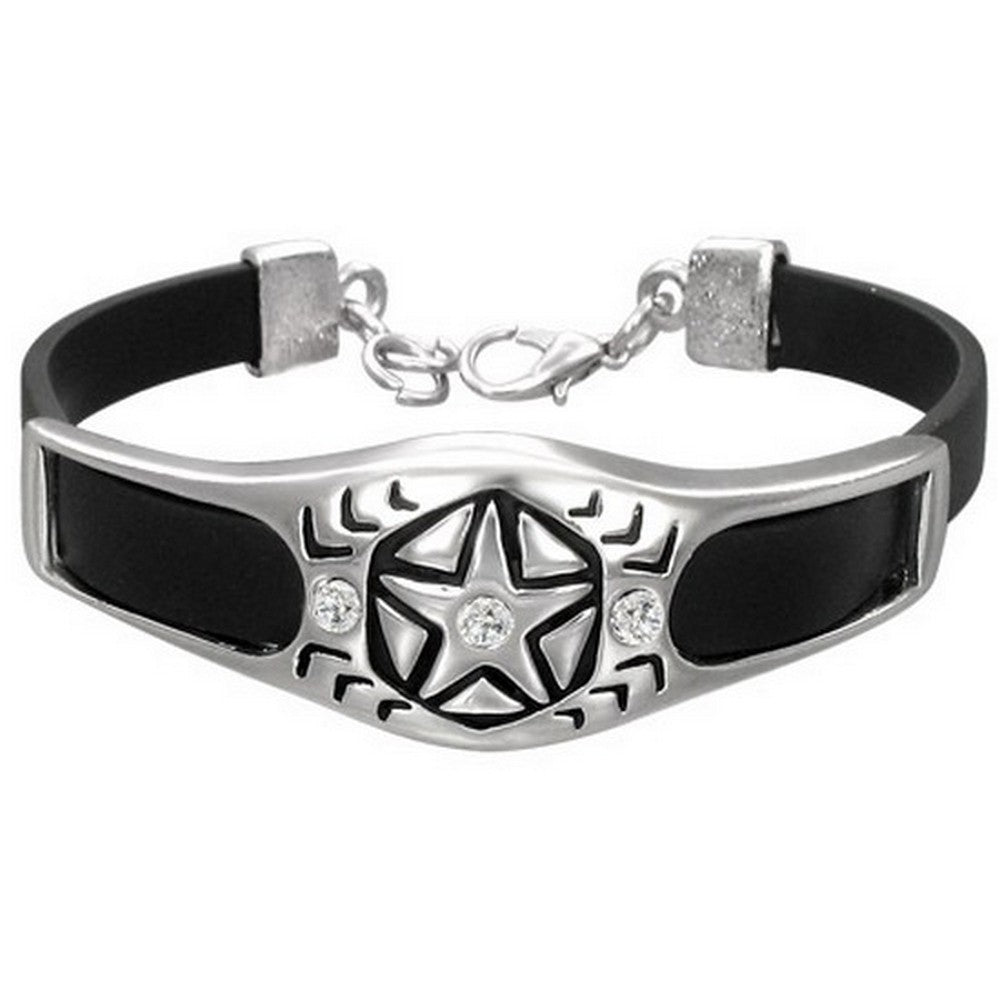 Stainless Steel Black Rubber Silicone Star White CZ Silver-Tone Mens Womens Bracelet