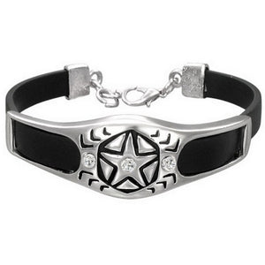 Stainless Steel Black Rubber Silicone Star White CZ Silver-Tone Mens Womens Bracelet