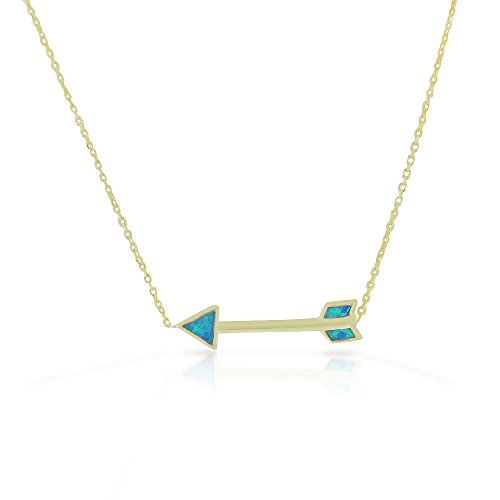 Sterling Silver Yellow Gold-Tone Blue Simulated Opal Sideways Arrow Pendant Necklace