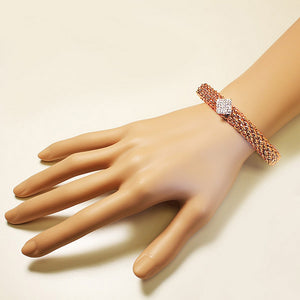 Stainless Steel Rose Gold-Tone White CZ Stretch Mesh Bracelet