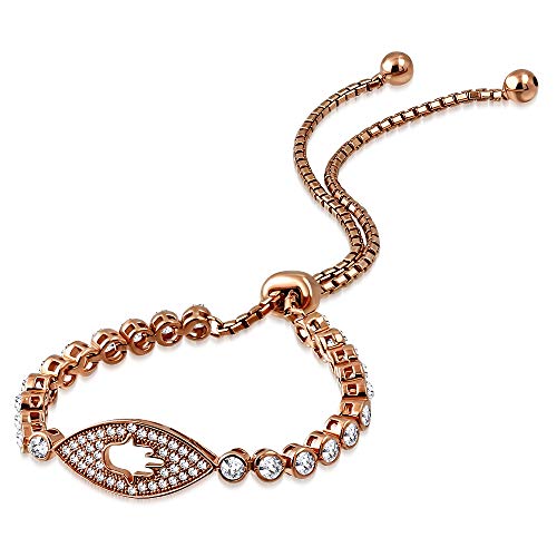 925 Sterling Silver Rose Gold-Tone Bezel-Set Hamsa Evil Eye Protection Adjustable Bracelet