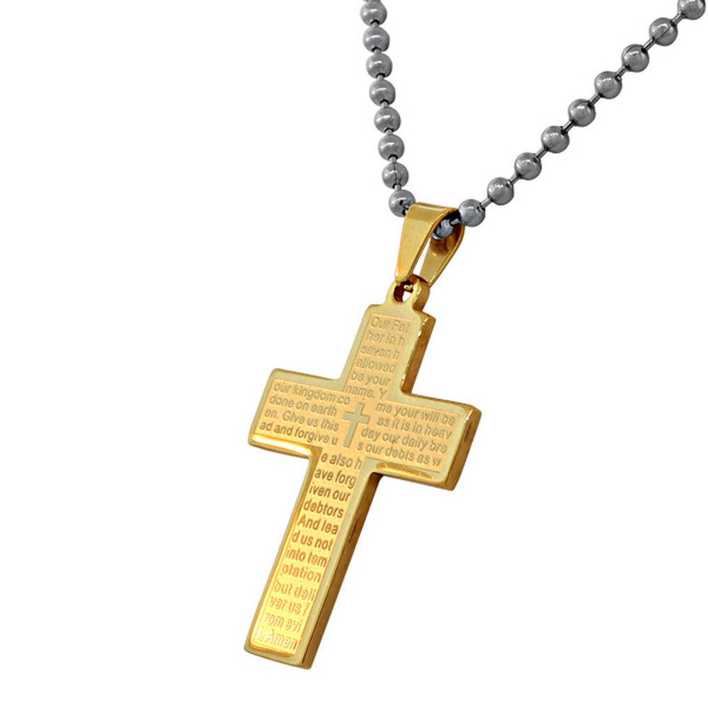 Gold Mens Prayer Cross Necklace Stainless Steel
