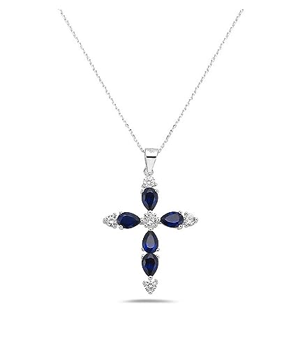 My Daily Styles 925 Sterling Silver Cross with Created Sapphire and CZ Stones Pendant Necklace- Adjustable Chain 16"-18"
