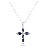 My Daily Styles 925 Sterling Silver Cross with Created Sapphire and CZ Stones Pendant Necklace- Adjustable Chain 16"-18"