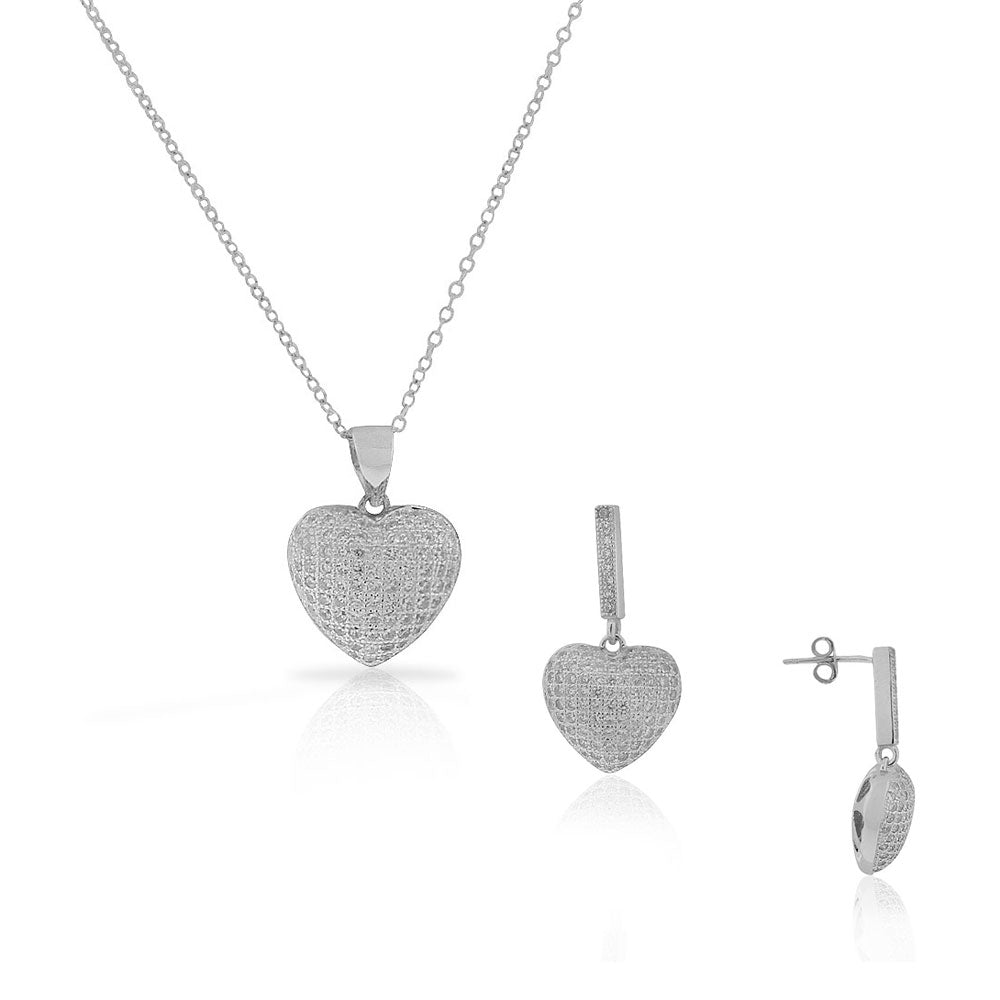 Sterling Silver White Clear CZ Love Heart Chandelier Dangle Earrings Pendant Necklace Set