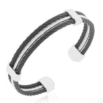 Stainless Steel Black Silver-Tone Twisted Cable Open End Cuff Bracelet