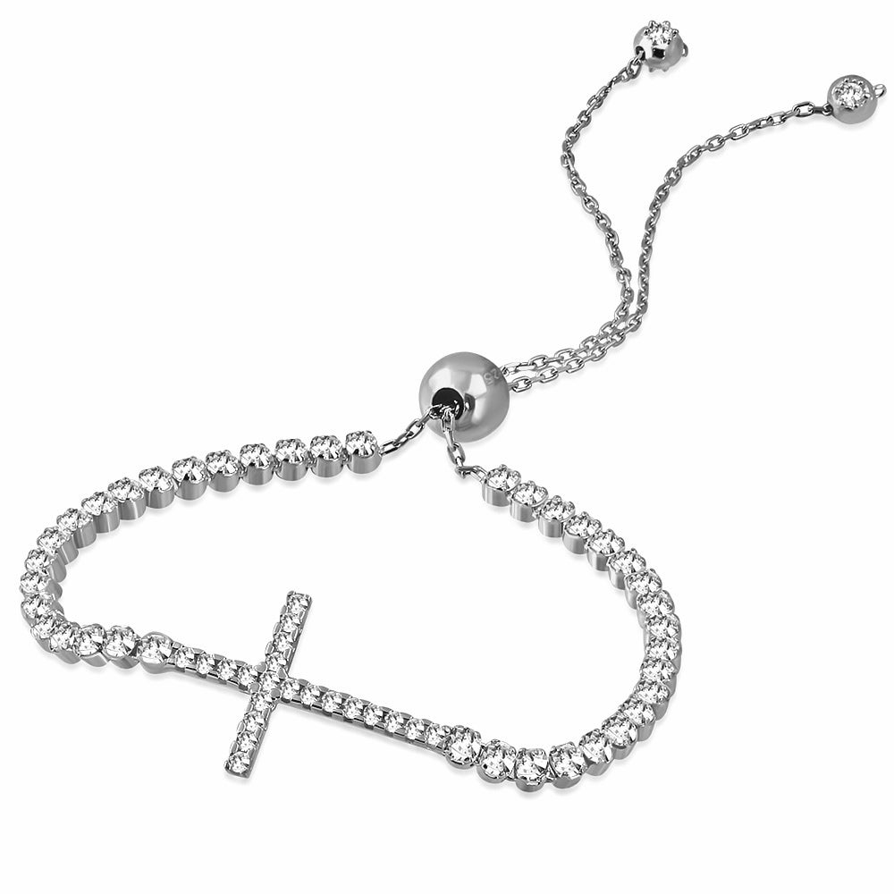 925 Sterling Silver CZ Cross Tennis Bracelet w/Slider Clasp