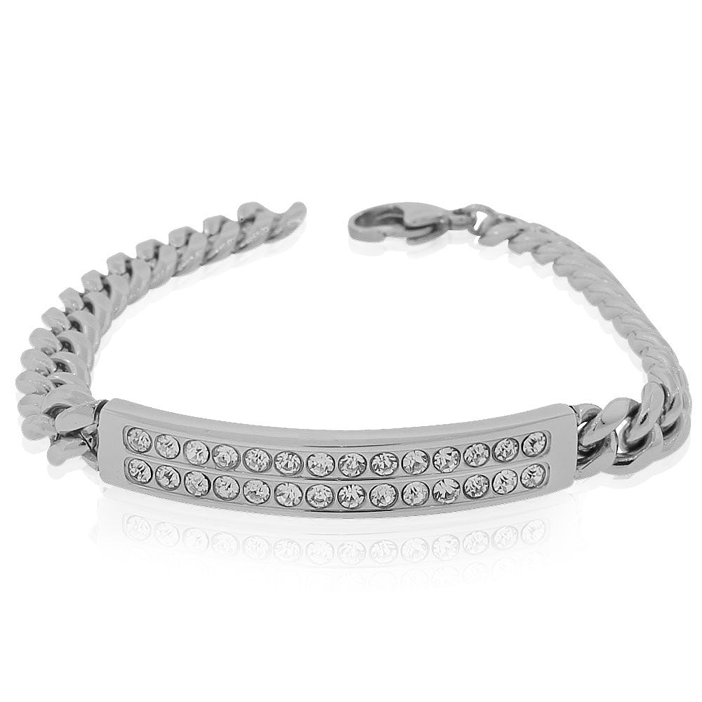 Stainless Steel Silver CZ Link Chain Mens Bracelet, 8.5"