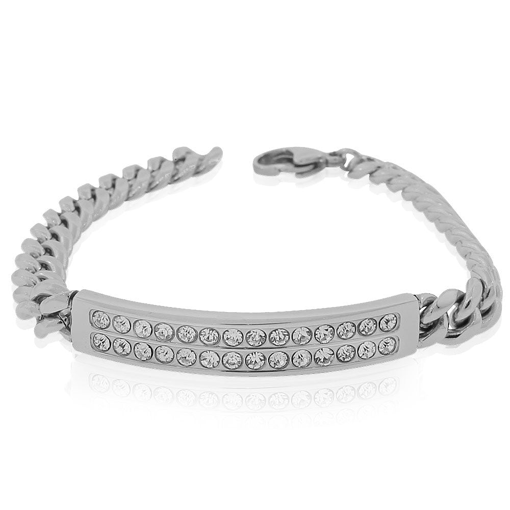 Stainless Steel Silver-Tone CZ Link Chain Mens Bracelet