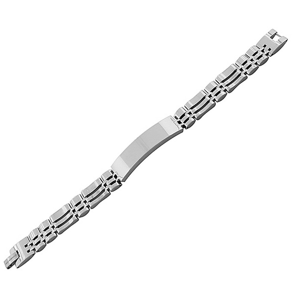 Stainless Steel Silver-Tone Name Tag Men's Link Chain Bracelet